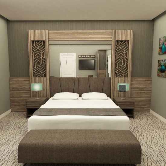Удобная деревянная кровать изголовья двуспальной спальни мебели гостиницы высокая